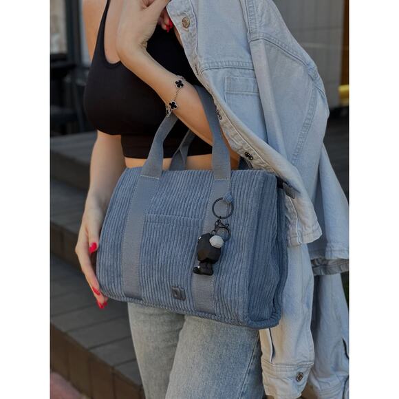 David Jones Corduroy Charm Detail Included Zipper Closure Handbag | Bering Sea - Picture 8 of 10